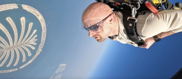Chad E. Foster skydiving in Dubai, UAE